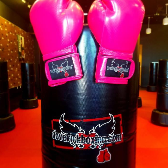 Kickboxing bad and pink gloves with the company logo on them.